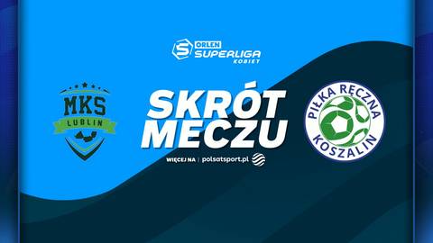 Logo MKS Lublin, napis SKR&Oacute;T MECZU, logo Piłki Ręcznej Koszalin oraz logo PGE Superliga Kobiet.