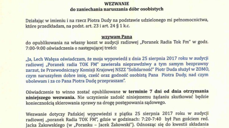 Piotr Duda żąda przeprosin od Lecha Wałęsy. Wysłał byłemu prezydentowi przedsądowe wezwanie