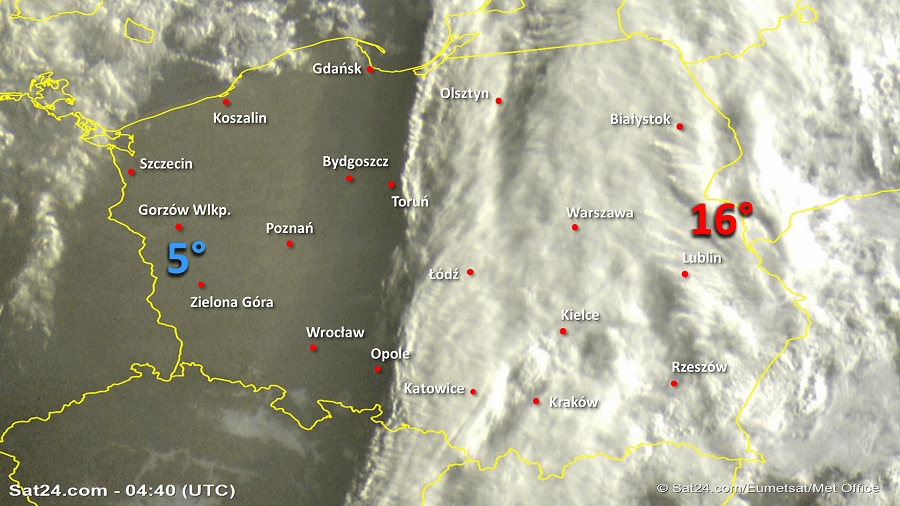 Zdjęcie satelitarne Polski w dniu 3 września 2019 o godzinie 6:40. Dane: Sat24.com / Eumetsat.