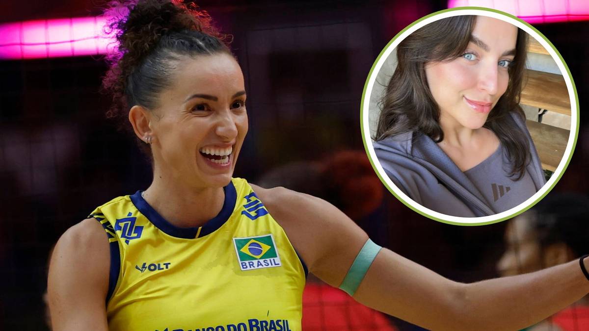 Siatkarka Gabi Guimaraes w żółtej koszulce reprezentacji Brazylii, z uśmiechem na twarzy. W prawym górnym rogu znajduje się zdjęcie Bruna Unzueta.