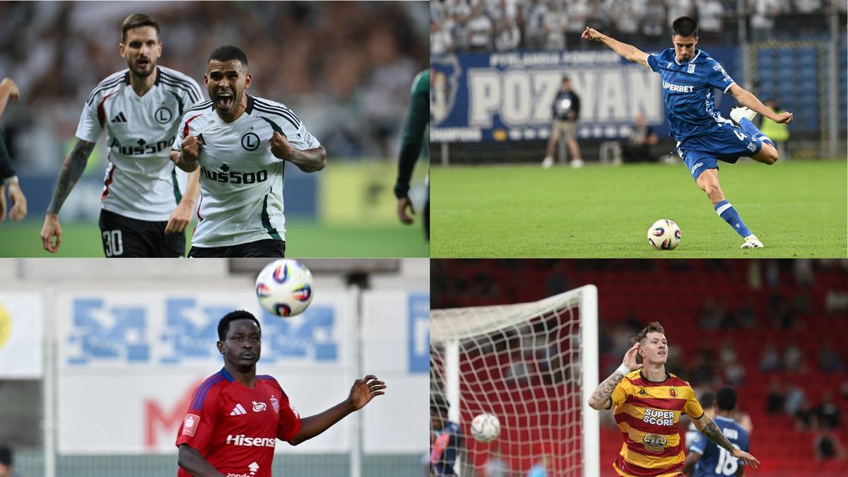 Cztery kadry z meczów piłkarskich, przedstawiające zawodników w akcji.