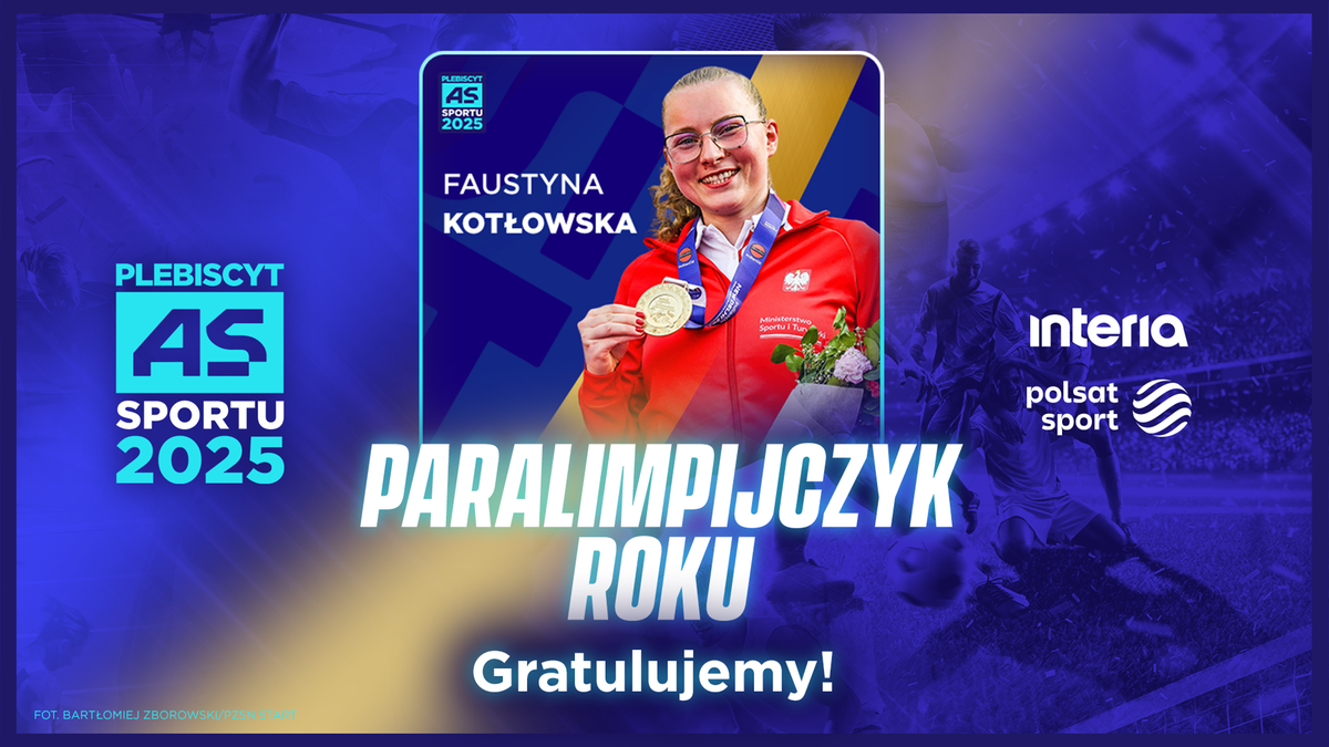 Portret Faustyny Kotłowskiej, kt&oacute;ra trzyma złoty medal na szyi i uśmiecha się. Obok widnieje napis "PARALIMPIJCZYK ROKU".