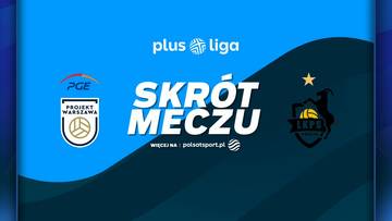 Grafika z logotypami PGE Projekt Warszawa i Bogdanka LUK Lublin oraz napisem "SKR&Oacute;T MECZU".