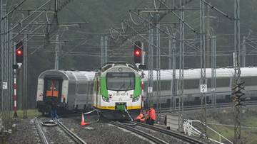 Dwa pociągi na torach kolejowych, jeden zielono-biały, z pracownikami obsługi w kamizelkach odblaskowych.