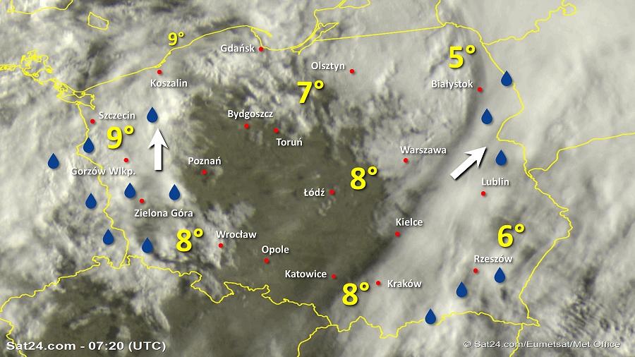 Zdjęcie satelitarne Polski w dniu 4 marca 2019 o godzinie 8:20. Dane: Sat24.com / Eumetsat.