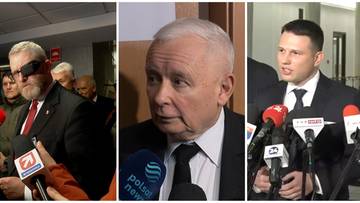 Trzy polityk&oacute;w, z kt&oacute;rych każdy przedstawiony jest w osobnym kadrze, wypowiada się do mikrofon&oacute;w.