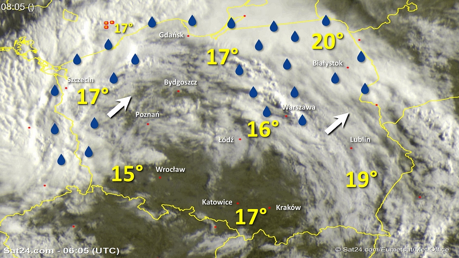 Zdjęcie satelitarne Polski w dniu 12 lipca 2018 o godzinie 8:05. Dane: Sat24.com / Eumetsat.