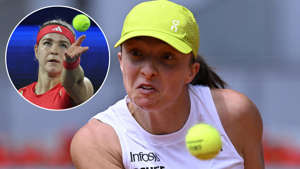 Fragmentaryczny obrazek przedstawiający dwie tenisistki. Na pierwszym planie widoczna jest Iga Świątek, która jest w trakcie zagrania. W prawym górnym rogu, w mniejszym okręgu, znajduje się zdjęcie tenisistki serwującej piłkę.