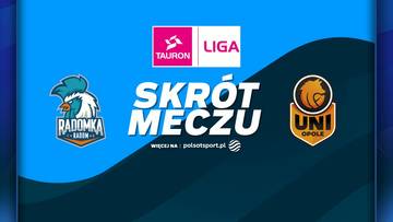 Grafika przedstawiająca logotypy drużyn siatkarskich Moya Radomka Radom i UNI Opole oraz napis 'SKR&Oacute;T MECZU' i logo Tauron Ligi. Tło jest w odcieniach niebieskiego.