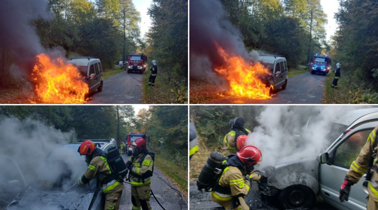Warmińsko-Mazurskie. Pożar auta w lasach przy granicy z Rosją. Akcja straży pożarnej