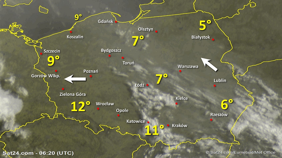 Zdjęcie satelitarne Polski w dniu 4 kwietnia 2019 o godzinie 8:20. Dane: Sat24.com / Eumetsat.