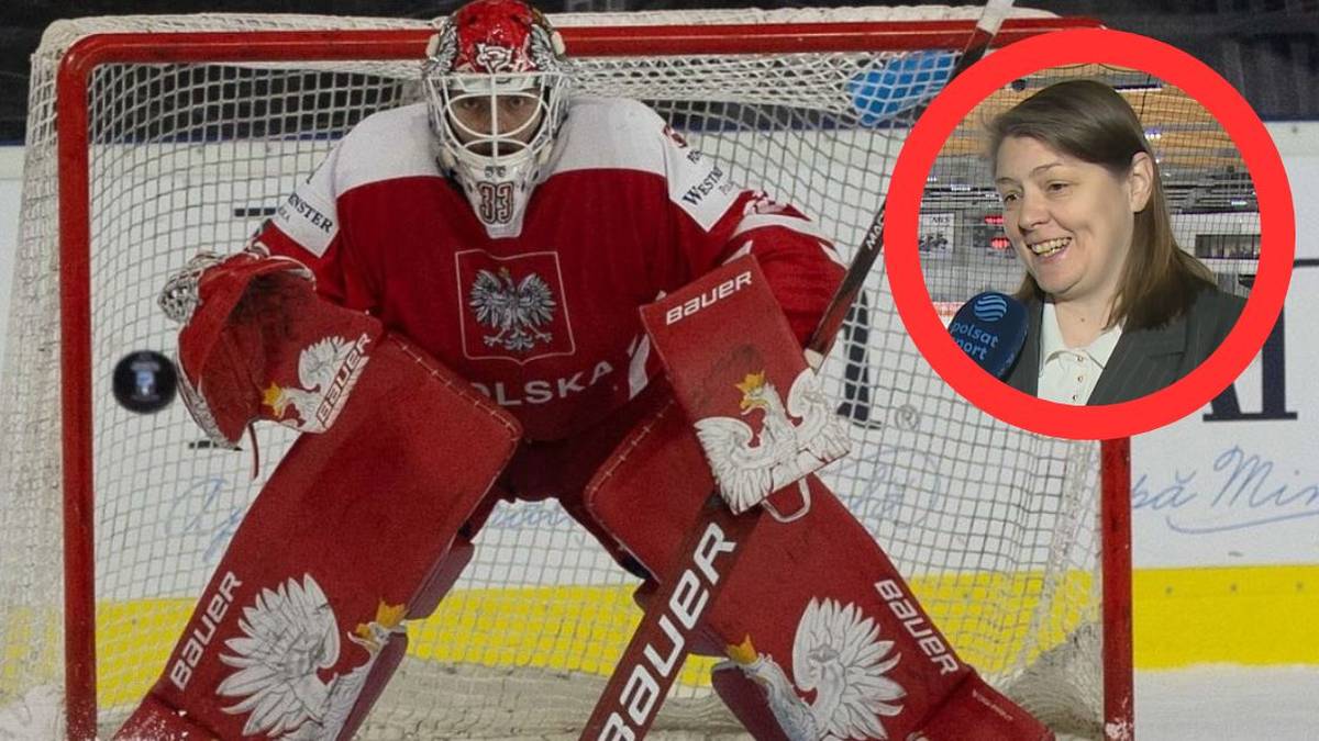 Bramkarz polskiej reprezentacji w hokeju na lodzie w czerwonym stroju stoi przed bramką, obok zdjęcie Marty Zawadzkiej.