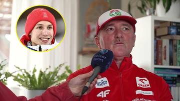 Fragment wywiadu z trenerem Jarosławem Konior, w kt&oacute;rym widać też zdjęcie młodego skoczka narciarskiego Kacpra Tomasiaka.