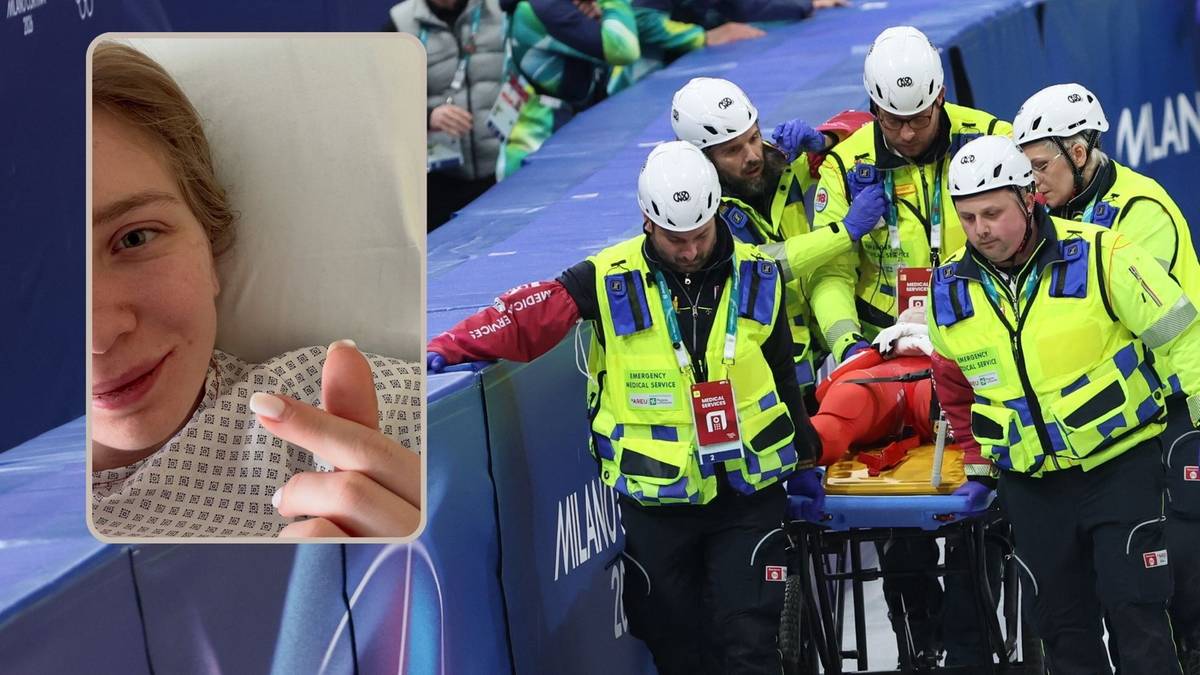 Kobieta w łóżku szpitalnym i ratownicy niosący nosze na lodowisku