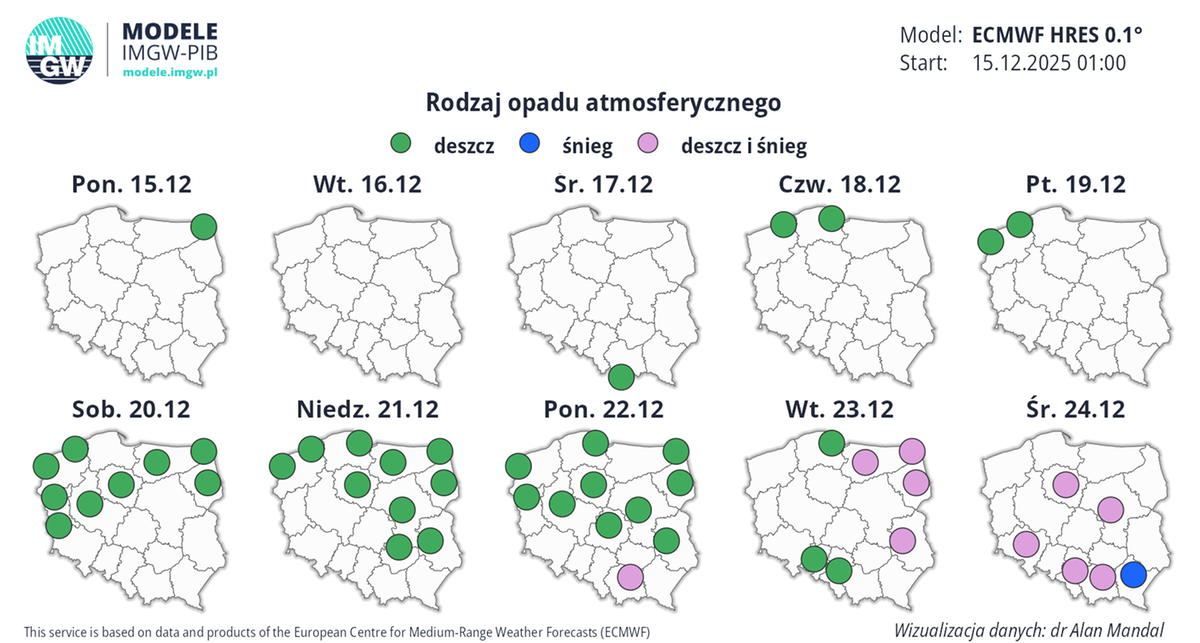 Na Boże Narodzenie lokalnie mogą wystąpić opady deszczu ze śniegiem