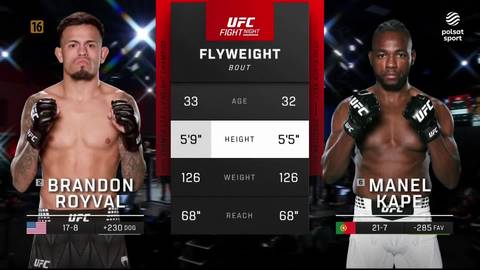 Dw&oacute;ch zawodnik&oacute;w MMA, Brandon Royval po lewej i Manel Kape po prawej, stoi przed tablicą informacyjną UFC. Tablica pokazuje statystyki obu zawodnik&oacute;w, w tym wiek, wzrost i wagę. Obaj zawodnicy są w strojach sportowych i rękawicach bokserskich.