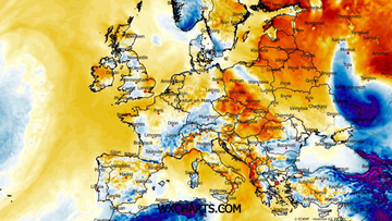 Mapa Europy przedstawiająca anomalie temperatury, z cieplejszymi obszarami zaznaczonymi na czerwono i pomarańczowo.