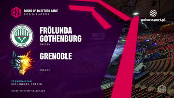 Grafika zapowiadająca mecz hokejowy Frölunda HC Gothenburg vs Grenoble, Round of 16 Return Game 2025/26 Playoffs.
