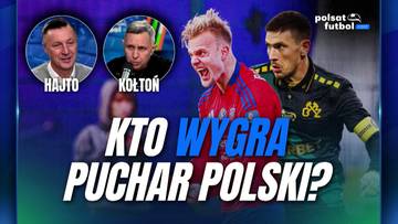 Grafika zapowiadająca program Polsat Futbol Cast "Kto wygra Puchar Polski?" z wizerunkami piłkarzy i ekspert&oacute;w piłkarskich.