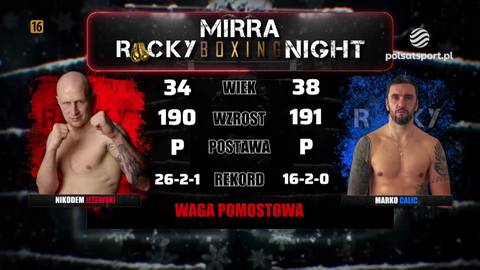Por&oacute;wnanie statystyk dw&oacute;ch bokser&oacute;w, Nikodema Jeżewskiego i Marko Calicia, podczas gali Rocky Boxing Night. Przedstawieni bokserzy z widocznymi tatuażami.