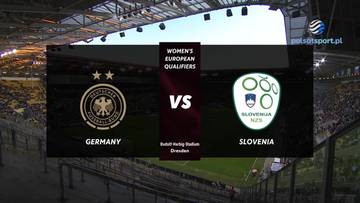 Plansza informacyjna: Niemcy vs Słowenia, eliminacje do Mistrzostw Świata kobiet 2027.