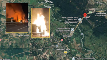 Mapa satelitarna rejonu Dorohuska z nałożonymi dwoma zdjęciami płonącej ciężar&oacute;wki w nocy.