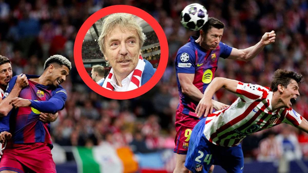 Zbigniew Boniek w okręgu, obok niego fragment meczu piłki nożnej z zawodnikami Atletico i Barcelony.