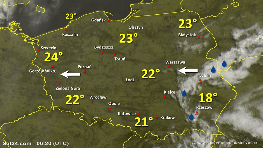 Zdjęcie satelitarne Polski w dniu 5 czerwca 2019 o godzinie 8:20. Dane: Sat24.com / Eumetsat.