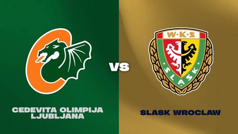 Logo Cedevita Olimpija Lublana obok logo WKS Śląsk Wrocław, z napisem "VS" pośrodku.