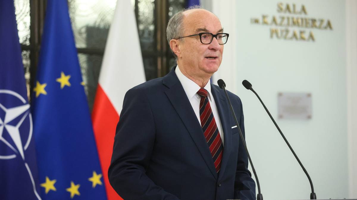 Mężczyzna w okularach i garniturze przemawia za m&oacute;wnicą obok flag Polski i Unii Europejskiej.