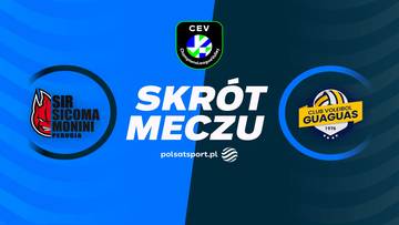Logo Sir Sicoma Monini Perugia i Guaguas Las Palmas obok napisu SKR&Oacute;T MECZU, symbolizujące podsumowanie rozgrywki siatkarskiej.