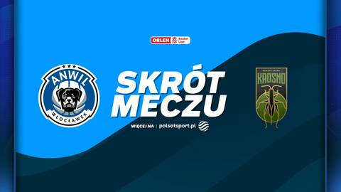 Logo Anwil Włocławek po lewej, napis "SKR&Oacute;T MECZU" na środku, herb Miasta Szkła Krosno po prawej.