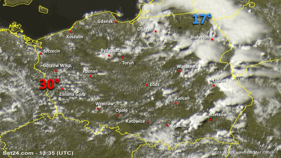 Zdjęcie satelitarne Polski w dniu 27 czerwca 2020 o godzinie 15:35. Dane: Sat24.com / Eumetsat.