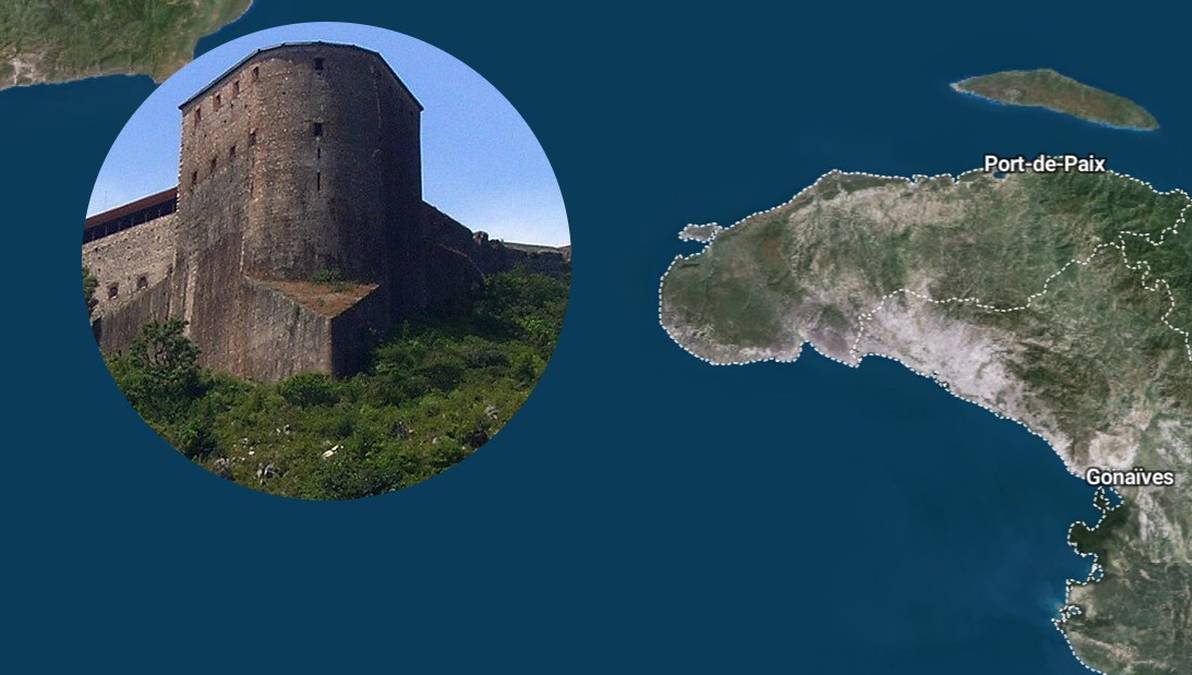 Zdjęcie przedstawia fragment mapy Haiti z zaznaczonym obszarem oraz zbliżenie na zabytkową Cytadelę Laferriere.