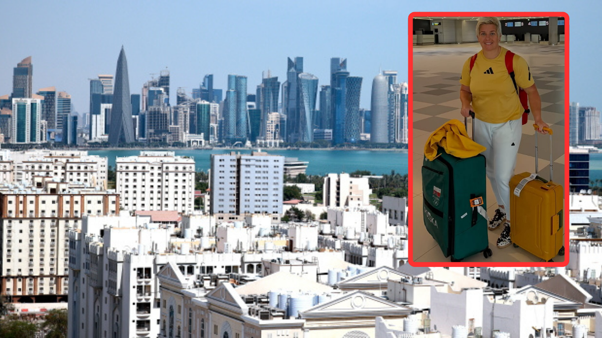Anita Włodarczyk z dwoma walizkami na lotnisku, w tle panorama miasta Doha.