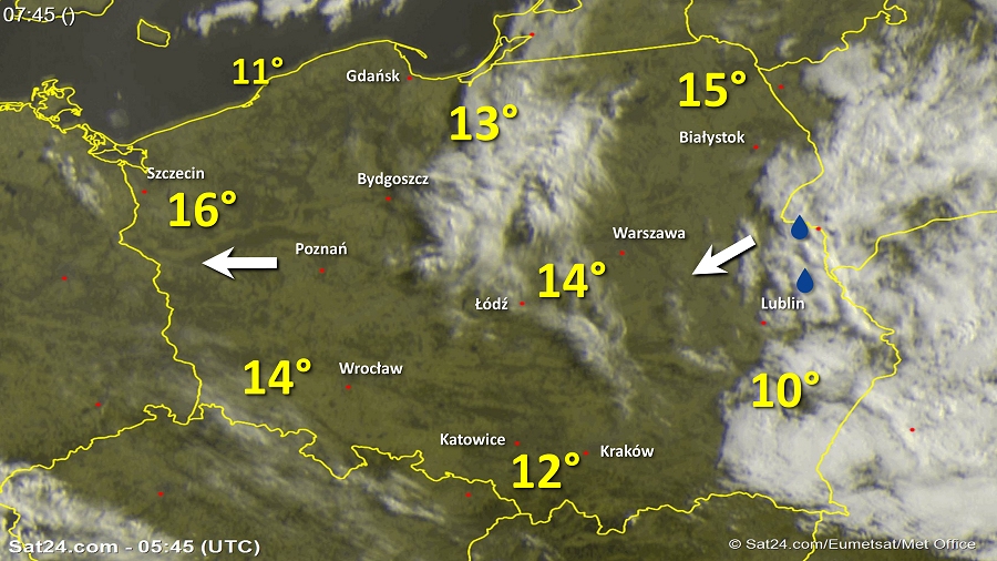 Zdjęcie satelitarne Polski w dniu 14 maja 2018 o godzinie 7:45. Dane: Sat24.com / Eumetsat.