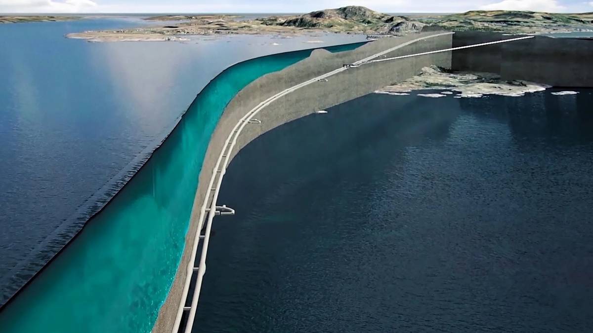 Wizualizacja podmorskiego tunelu Rogfast w Norwegii z widoczną częścią drogi nad wodą i podwodnymi sekcjami.