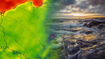 Obraz złożony z mapy meteorologicznej Polski i widoku na wzburzone morze oraz wybrzeże podczas zachodu słońca.