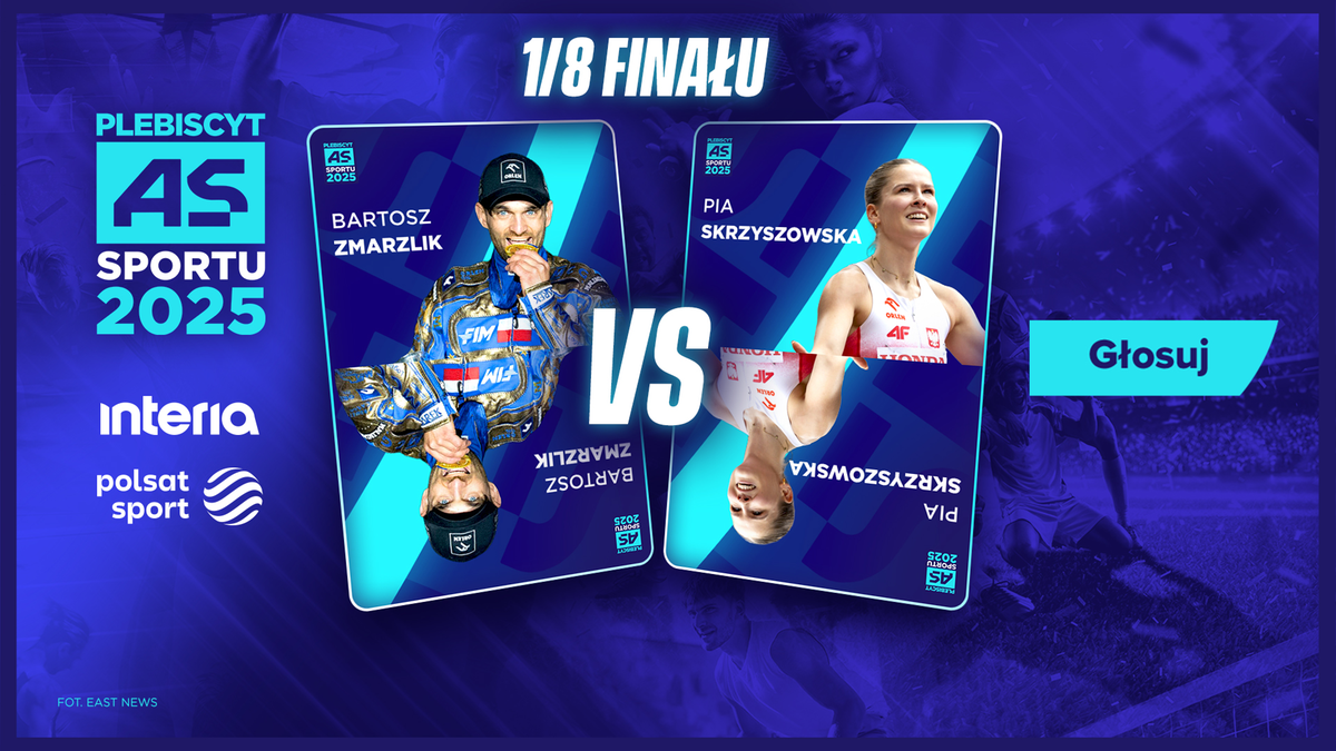 Grafika porównująca żużlowca Bartosza Zmarzlika i lekkoatletkę Pii Skrzyszowskiej w ramach 1/8 finału plebiscytu "As Sportu Interii i Polsatu Sport 2025".