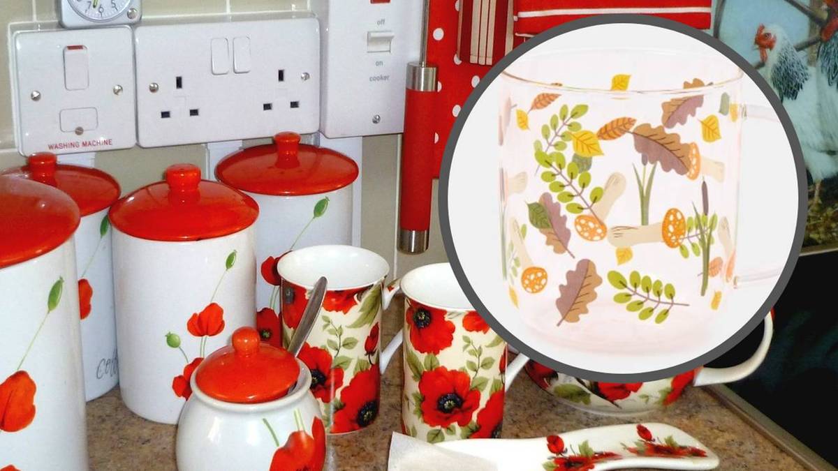 Białe ceramiczne pojemniki, kubki i cukiernica ozdobione czerwonymi makami na kuchennym blacie.