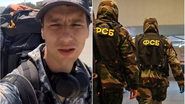 Zdjęcie przedstawia dwie części. Po lewej stronie widoczny jest zbliżenie na twarz młodego mężczyzny w czapce i z plecakiem na ramionach. Po prawej stronie widoczni są dwaj funkcjonariusze rosyjskich służb specjalnych FSB w mundurach.