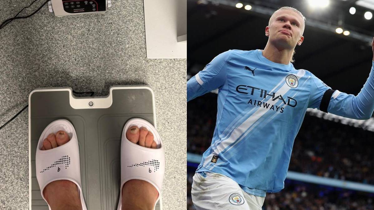Stopy w klapkach na wadze oraz piłkarz Erling Haaland w koszulce Manchesteru City.