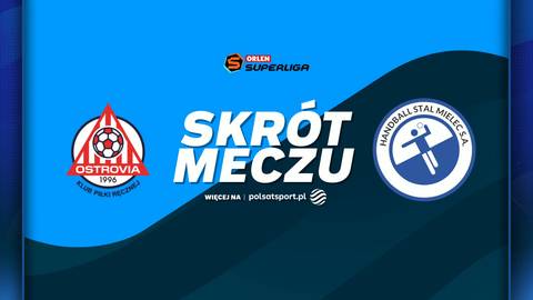 Logo KPR Ostrovia Ostr&oacute;w Wielkopolski i Handball Stal Mielec na tle napisu "SKR&Oacute;T MECZU" oraz logo Orlen Superligi.