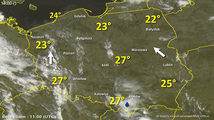 Zdjęcie satelitarne w dniu 30 kwietnia 2018 o godzinie 13:00. Dane: Sat24.com / Eumetsat.