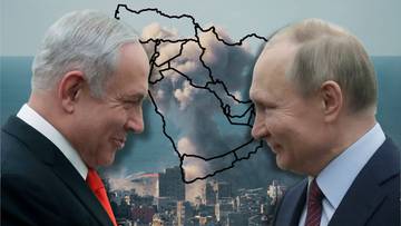 Portrety Binjamina Netanjahu i Władimira Putina na tle mapy Bliskiego Wschodu z widocznymi płomieniami i dymem.