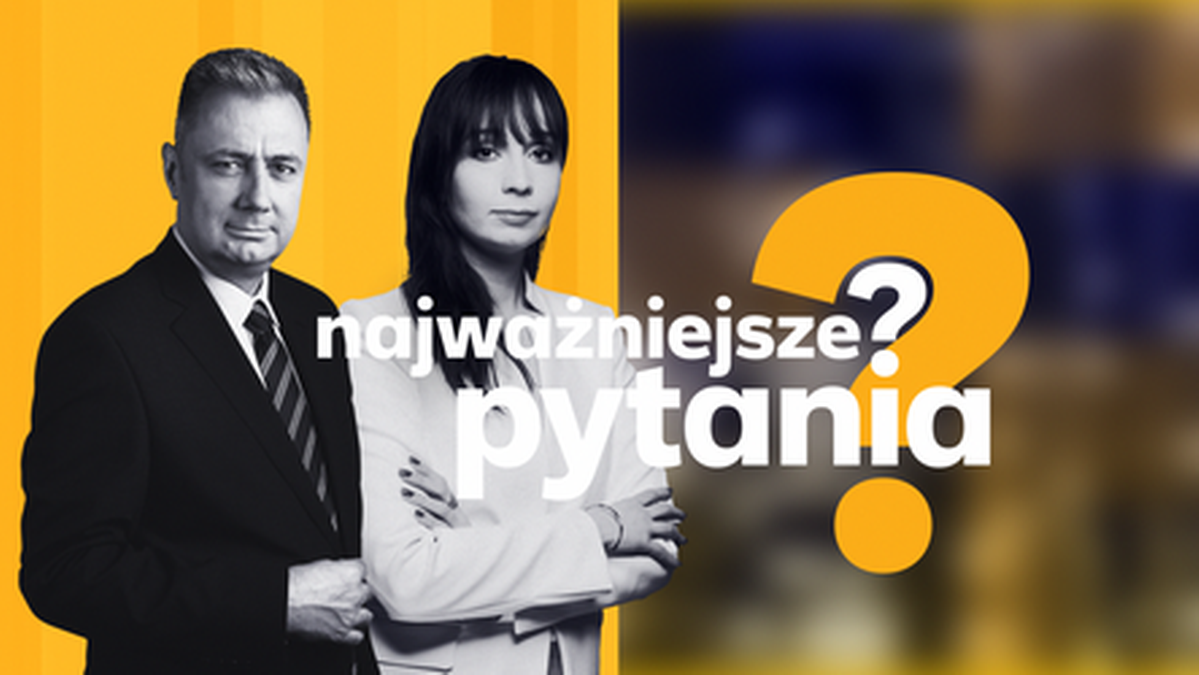 Dwoje prezenterów, mężczyzna i kobieta, stoją obok siebie. Po prawej stronie znajduje się logo programu "Najważniejsze pytania" z dużym znakiem zapytania.