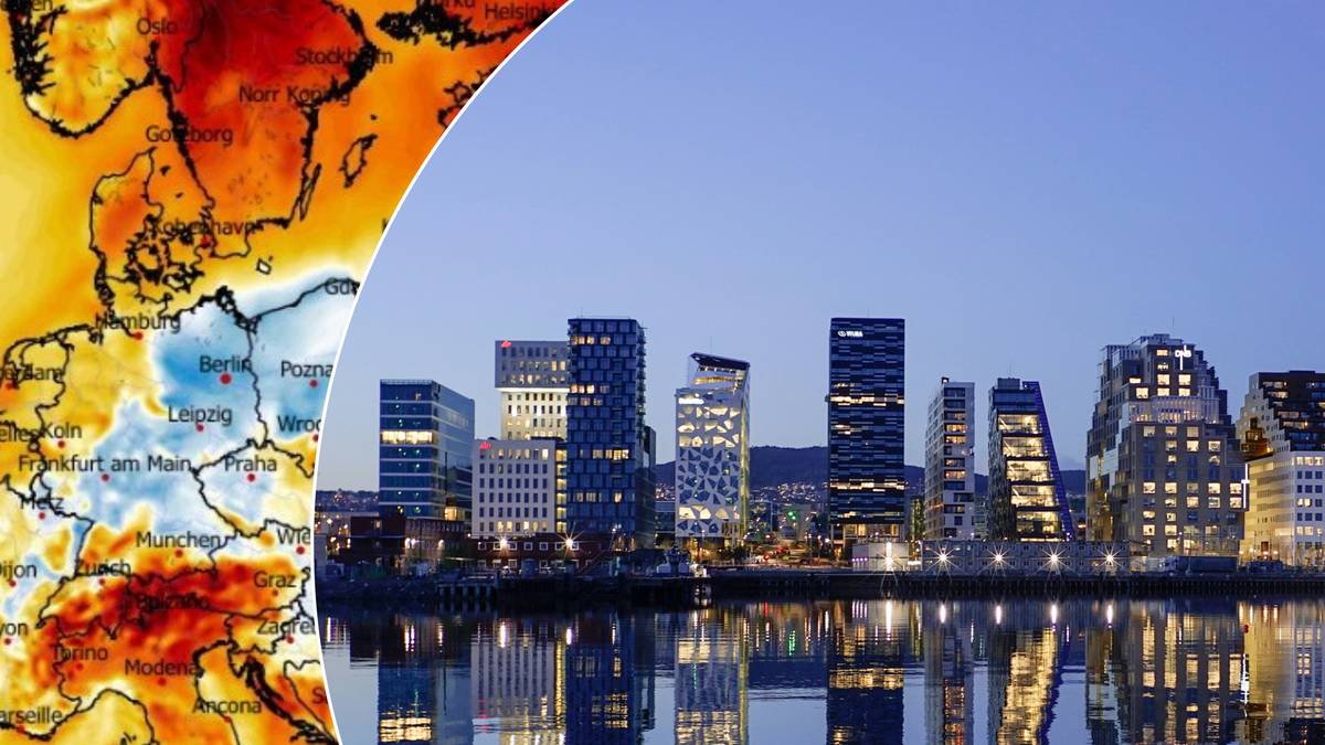 Mapa Europy z zaznaczonymi obszarami o podwyższonej temperaturze oraz panorama nocnego Oslo.