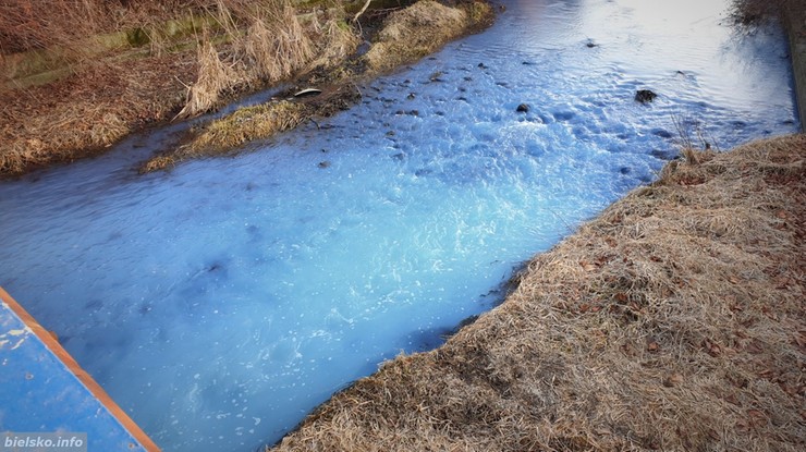 Nieznana substancja wyciekła do rzeki Wapienica. Woda zmieniła kolor na błękitny