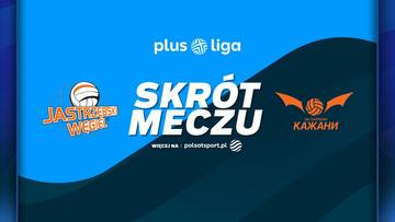 Grafika zapowiadająca skrót meczu siatkówki Jastrzębski Węgiel - Barkom-Każany Lwów.