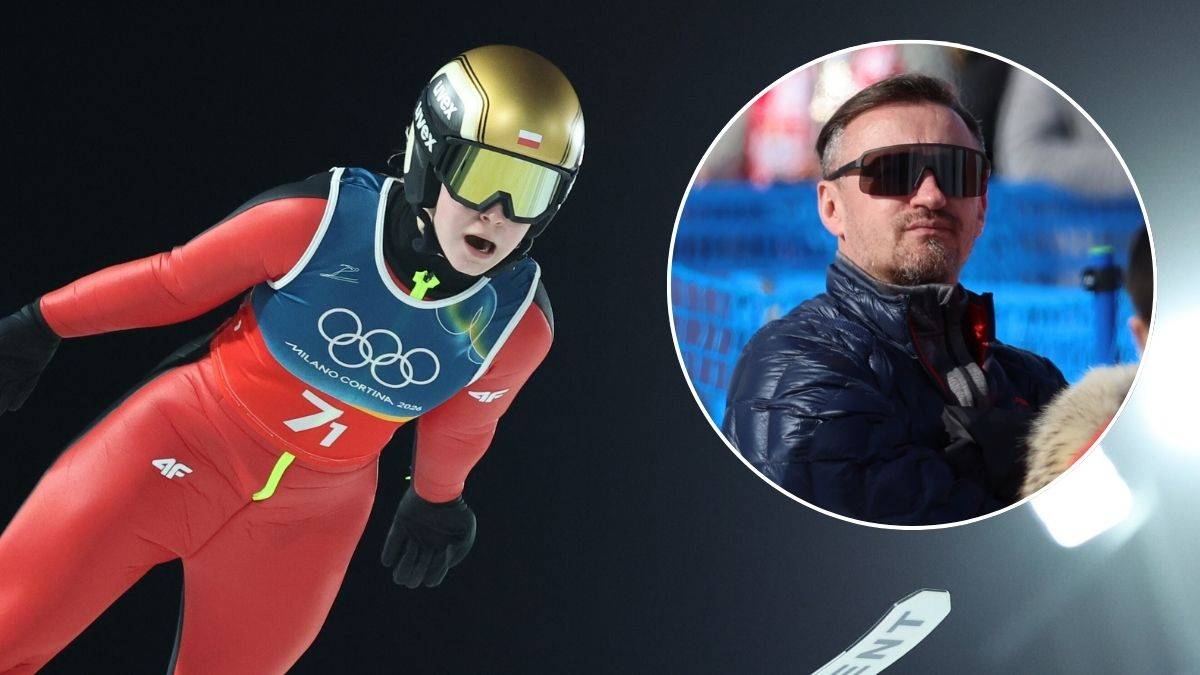 Fragmentaryczny widok skoczkini narciarskiej w czerwonym stroju z numerem 71 i kaskiem na głowie obok okrągłego zdjęcia Adama Małysza w okularach przeciwsłonecznych.